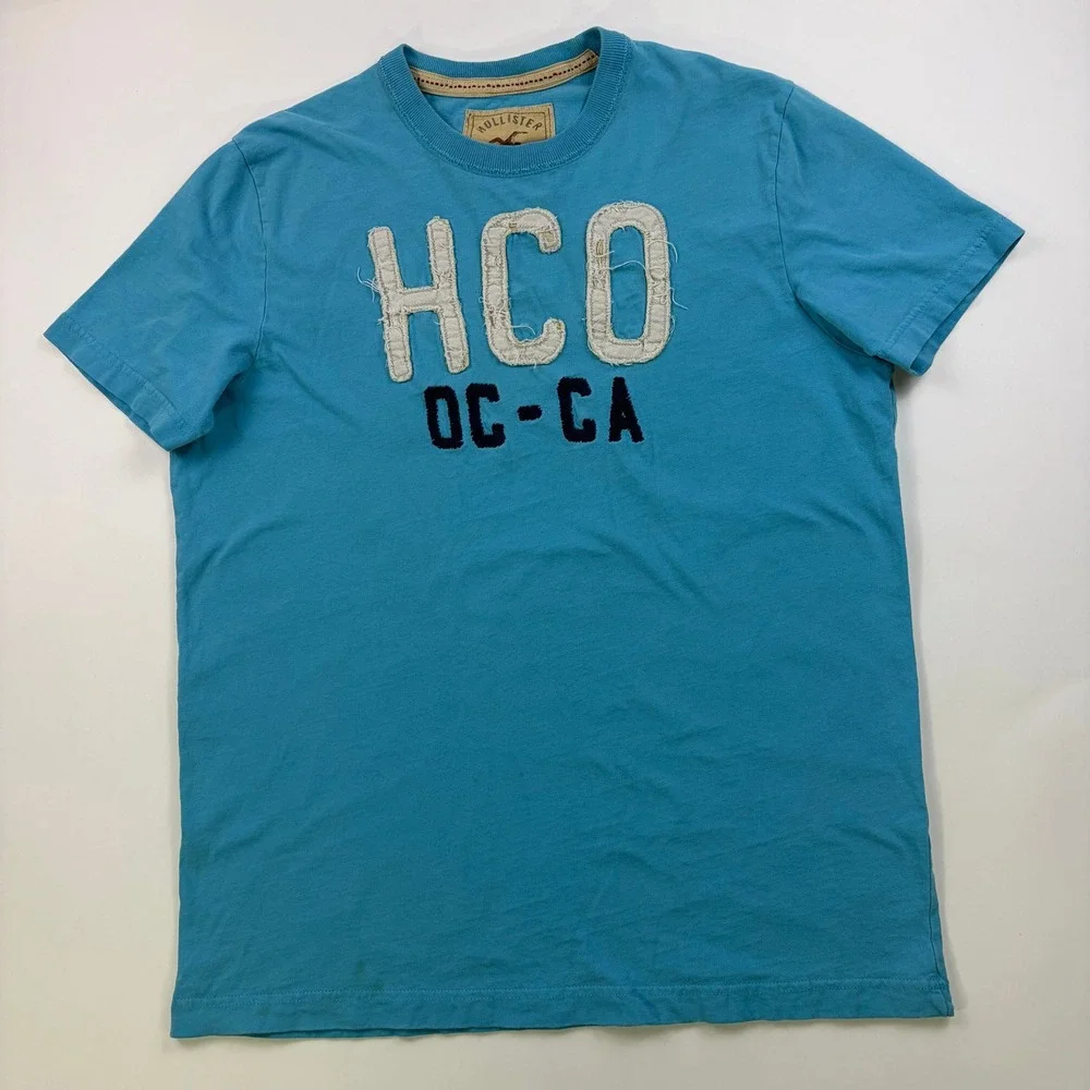 Hollister HCO OC-CA Graphic T-Shirt Mens XL Blue Applique Patch Surf Crew Neck